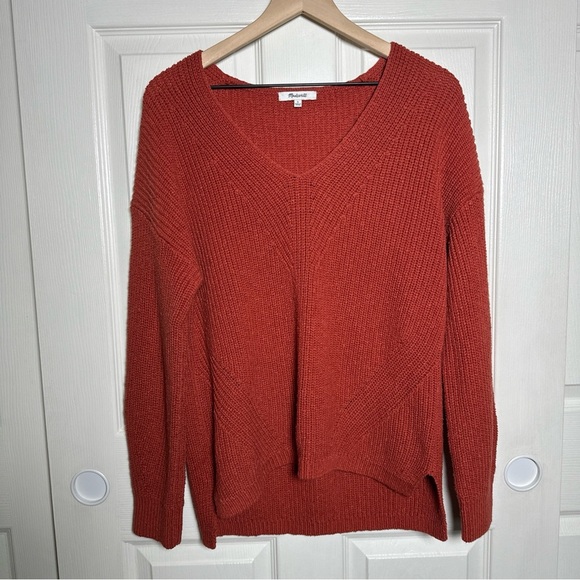 Madewell Ridgeton Large Pullover Sweater Burnt Orange Chunky Knit V-Neck Top - Picture 1 of 10